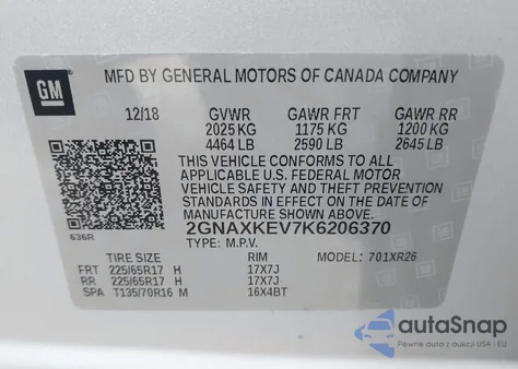 2019 Chevrolet Equinox Lt из США, поврежденный, VIN 2GNAXKEV7K6206370